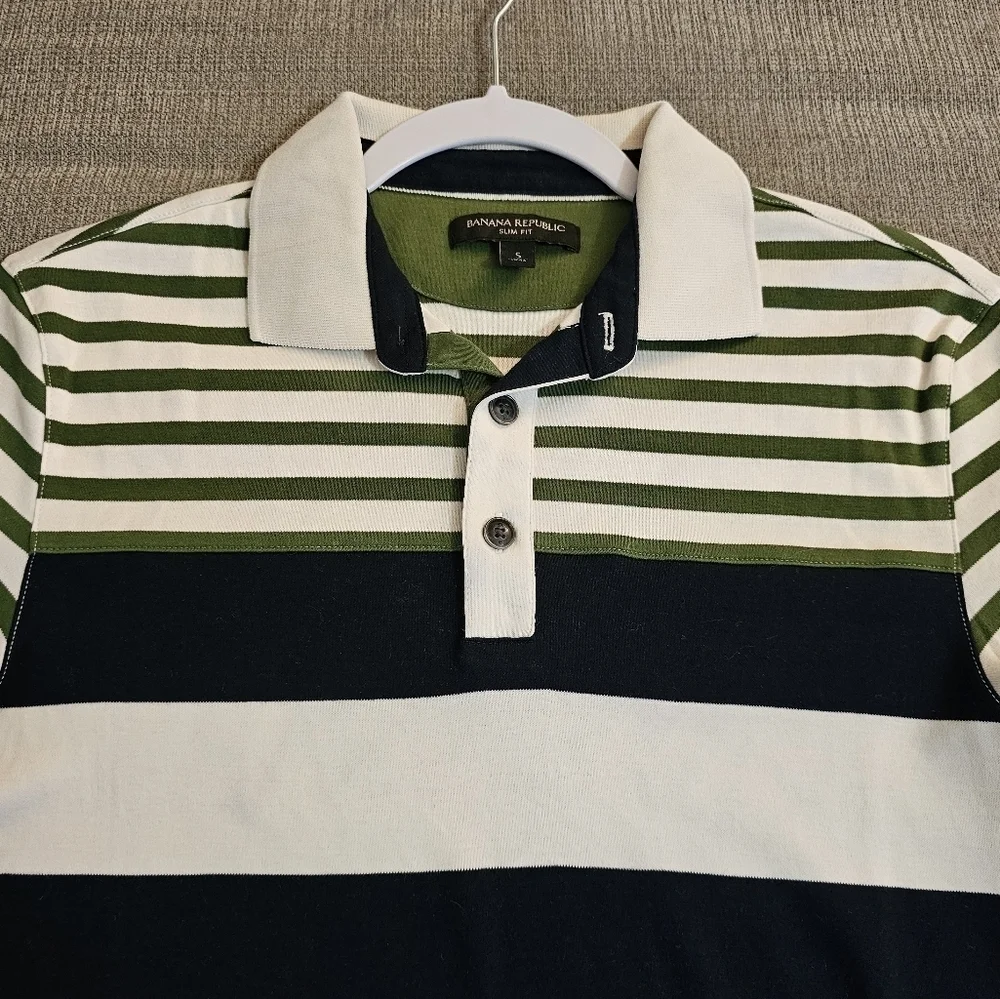 Banana Republic Nautical Slim Fot Green Navy Striped Polo Shirt Size Small